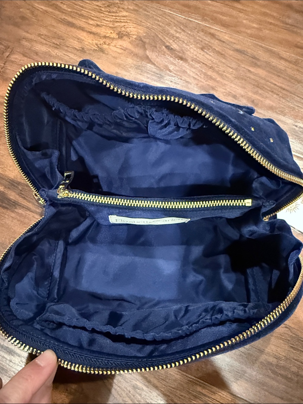 Embroidered “H” Navy Velvet Cosmetic Pouch with Gold Accents - Picture 2 of 5